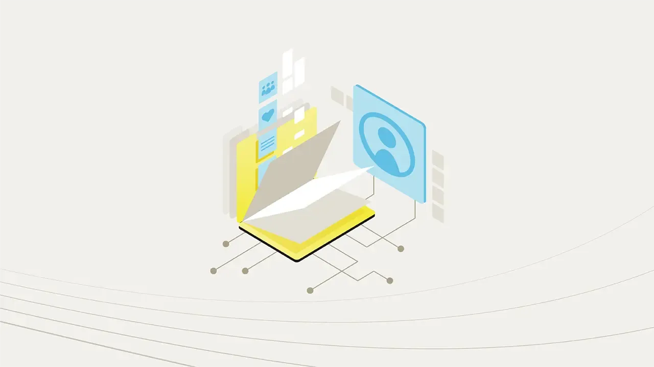 A yellow folder opening up with blue icons dropping into a folder.