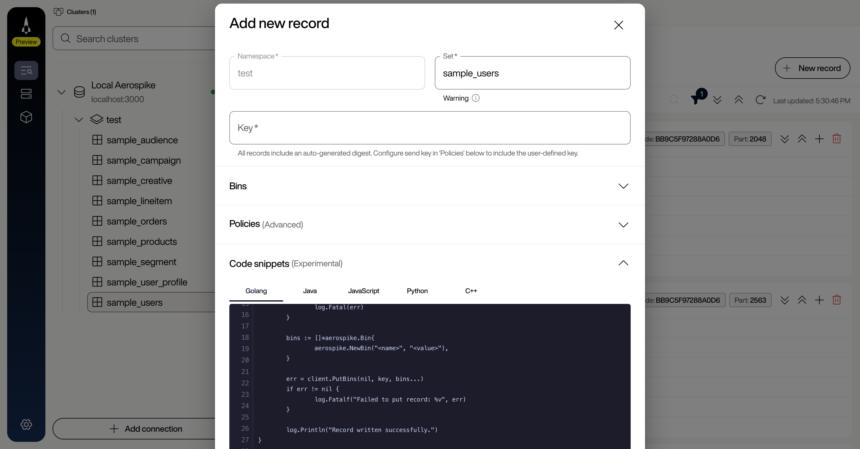 Add new record dialog with the Code snippets (Experimental) section expanded, showing language tabs for Golang, Java, JavaScript, Python, and C++