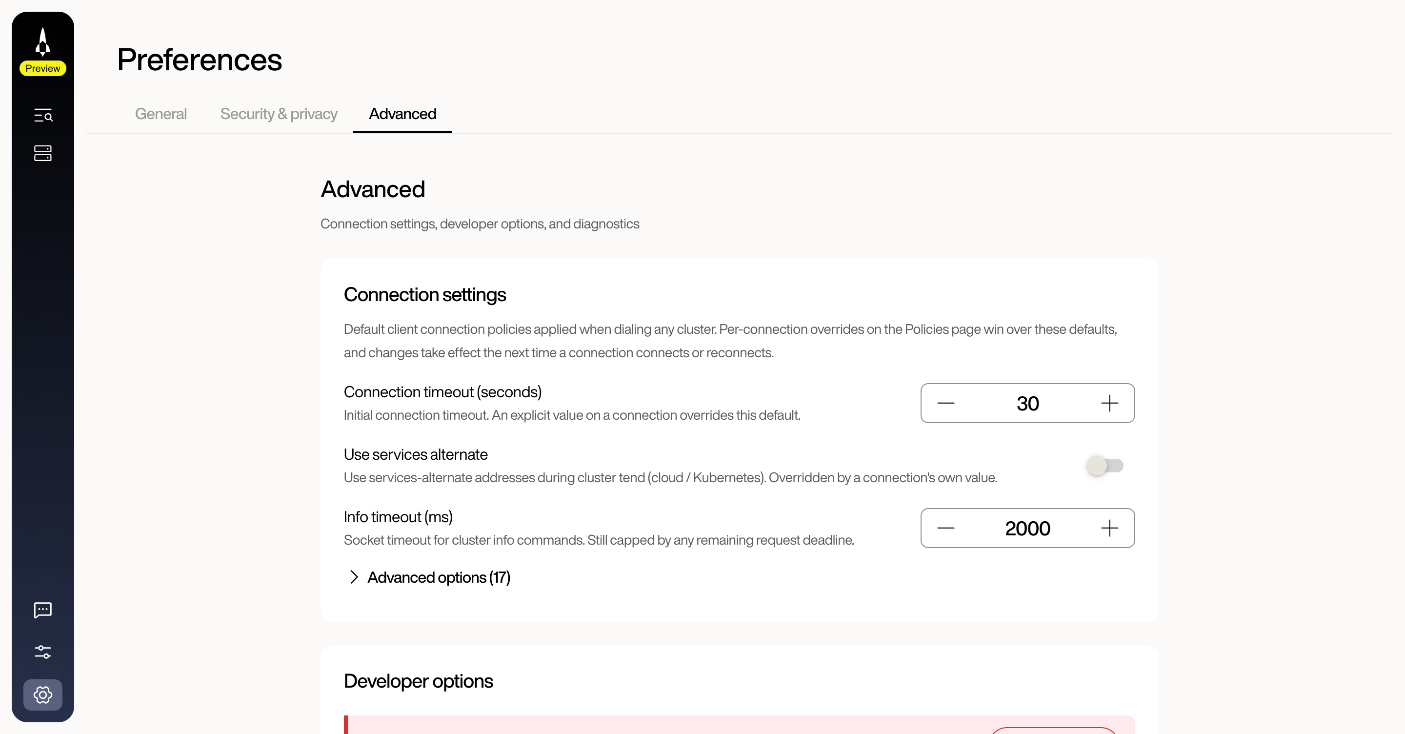 Preferences Advanced tab with the Connection settings card showing Connection timeout at 30 seconds, the Use services alternate toggle, Info timeout at 2000 ms, and a collapsed Advanced options toggle, above Developer options