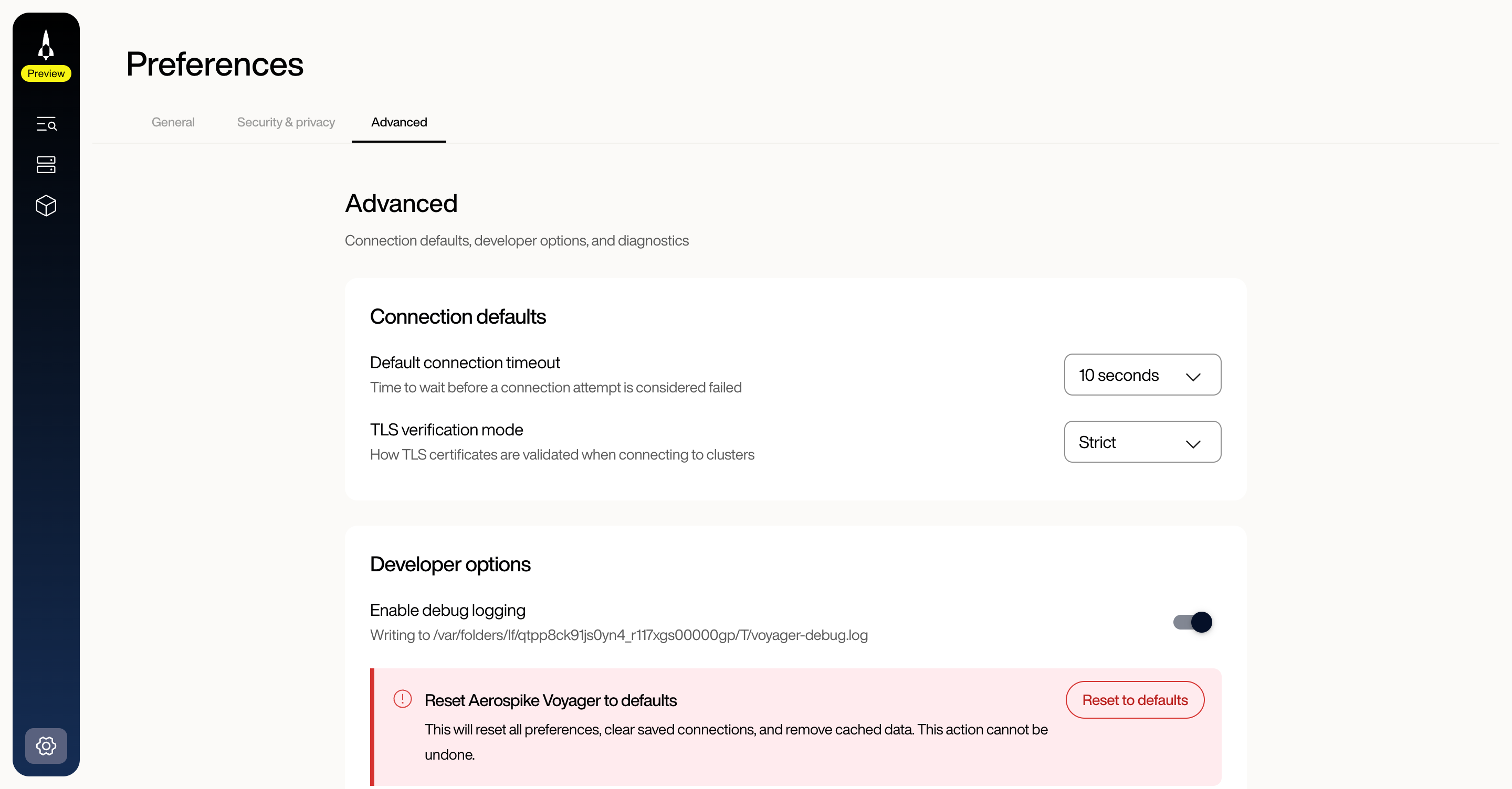 Settings Advanced tab showing Connection defaults (Default connection timeout dropdown set to 10 seconds, TLS verification mode dropdown set to Strict) and Developer options (Enable debug logging toggle, Reset to defaults button)