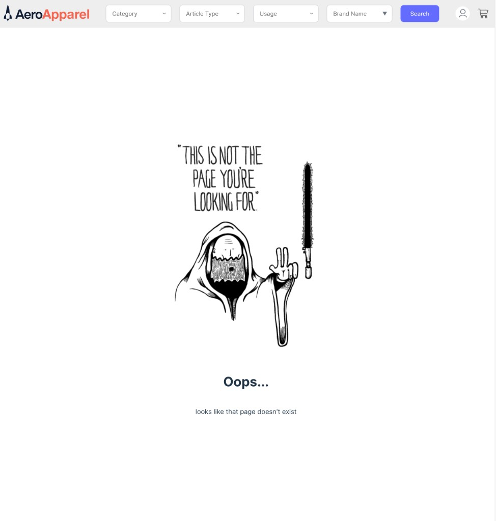 Spring Boot retail application showing the category dropdowns at the top and an Oops error page in place of the product grid