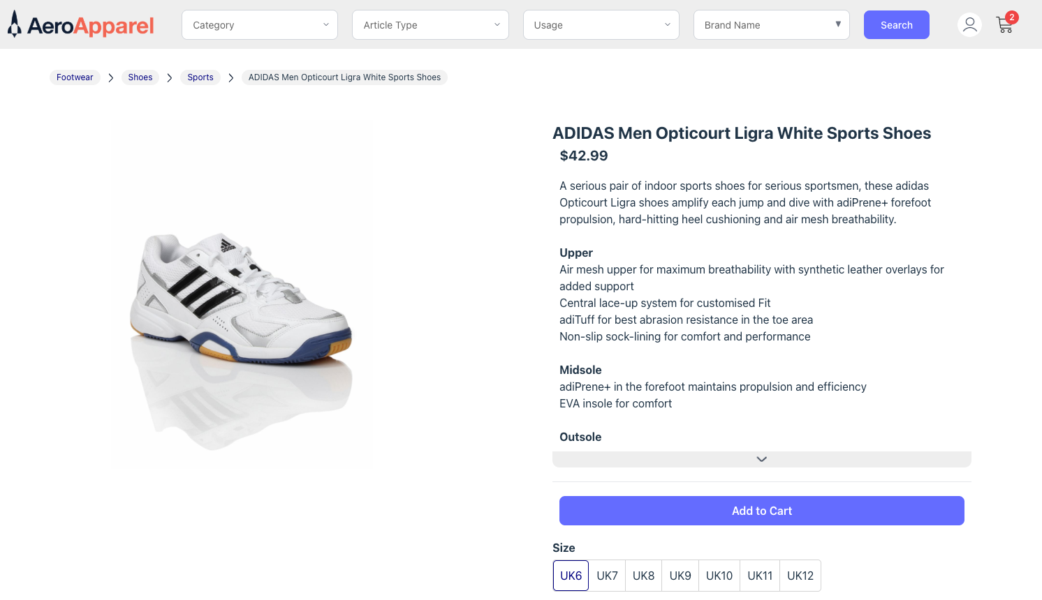 Spring Boot product detail page showing a single product with full bins