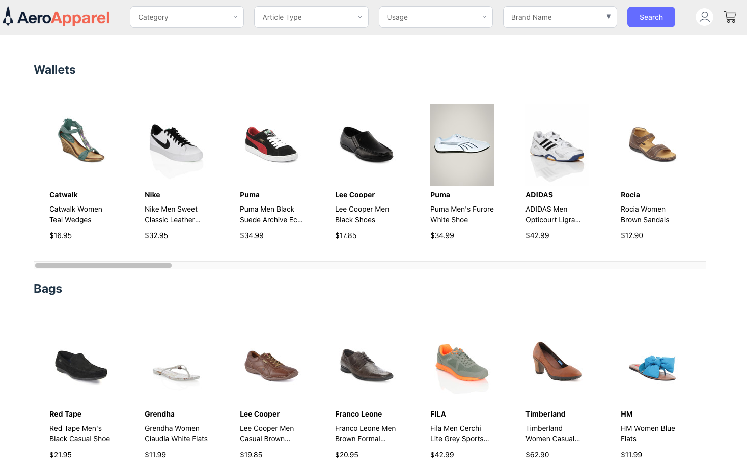 Spring Boot home page with every category populated by shoe products