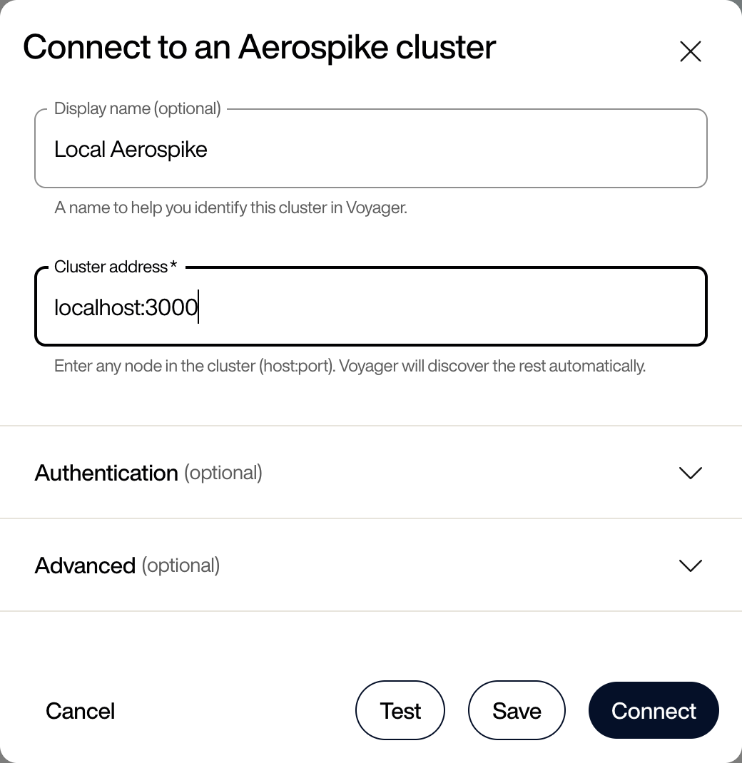 Connect to an Aerospike cluster dialog with Display name, Cluster address, and Test, Save, and Connect buttons
