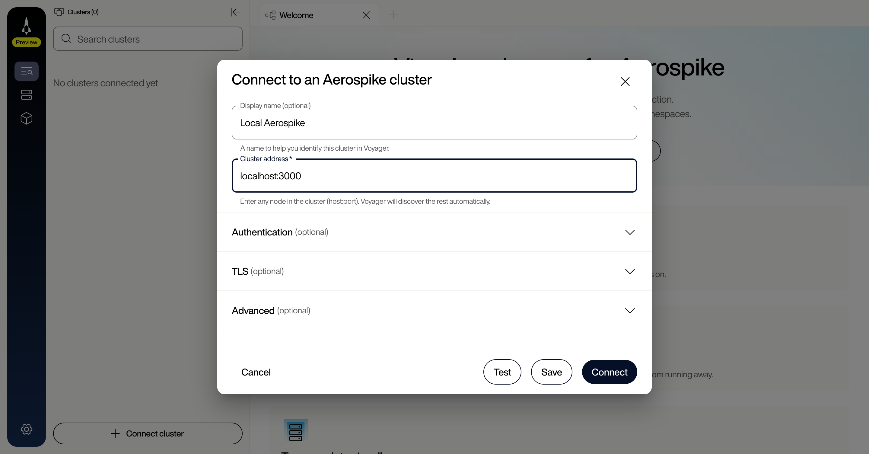 Connect to an Aerospike cluster dialog with Display name Local Aerospike and Cluster address localhost:3000, showing Test, Save, and Connect buttons