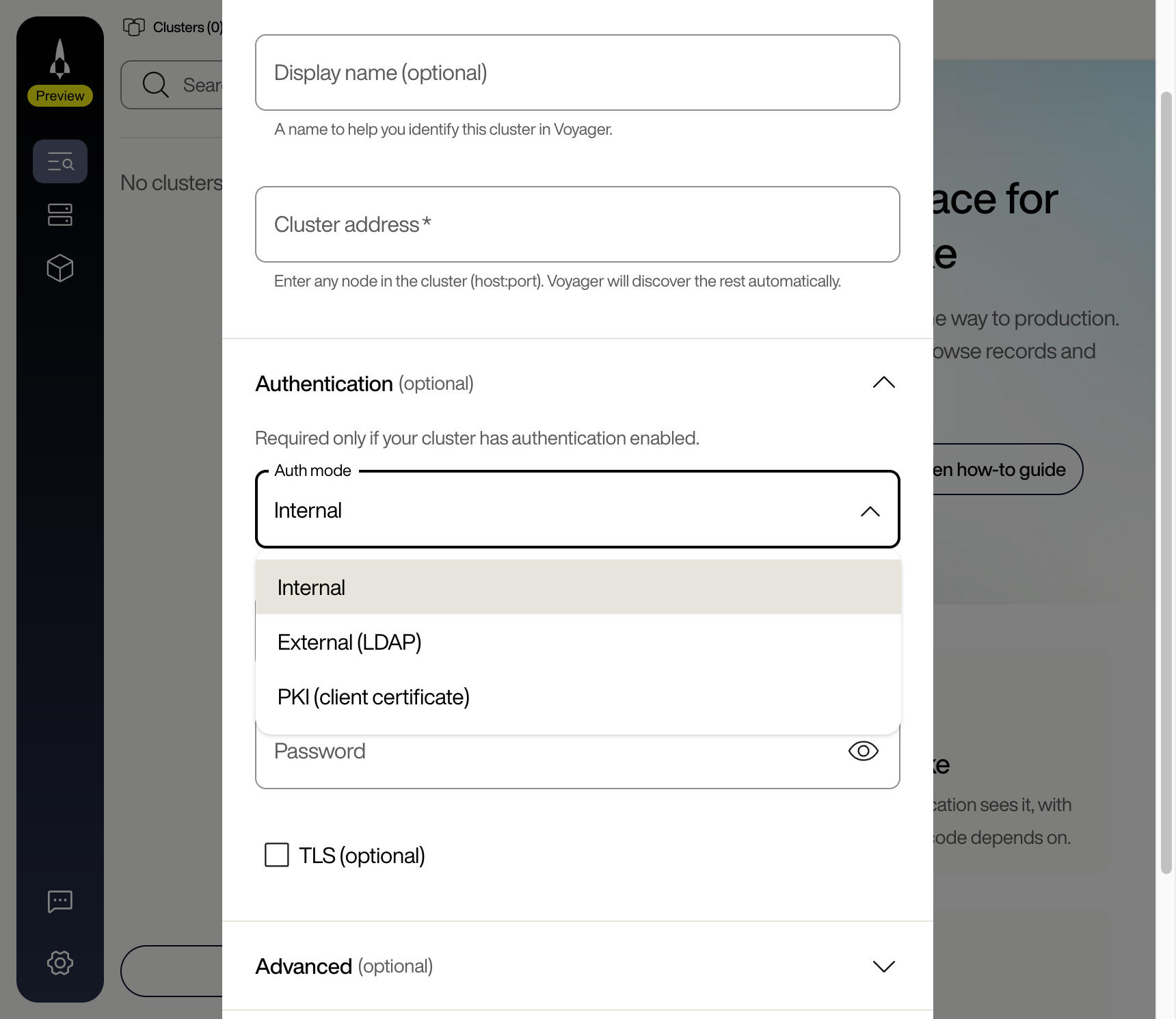 Connection dialog Authentication section expanded, with the Auth mode dropdown open showing Internal, External (LDAP), and PKI (client certificate)