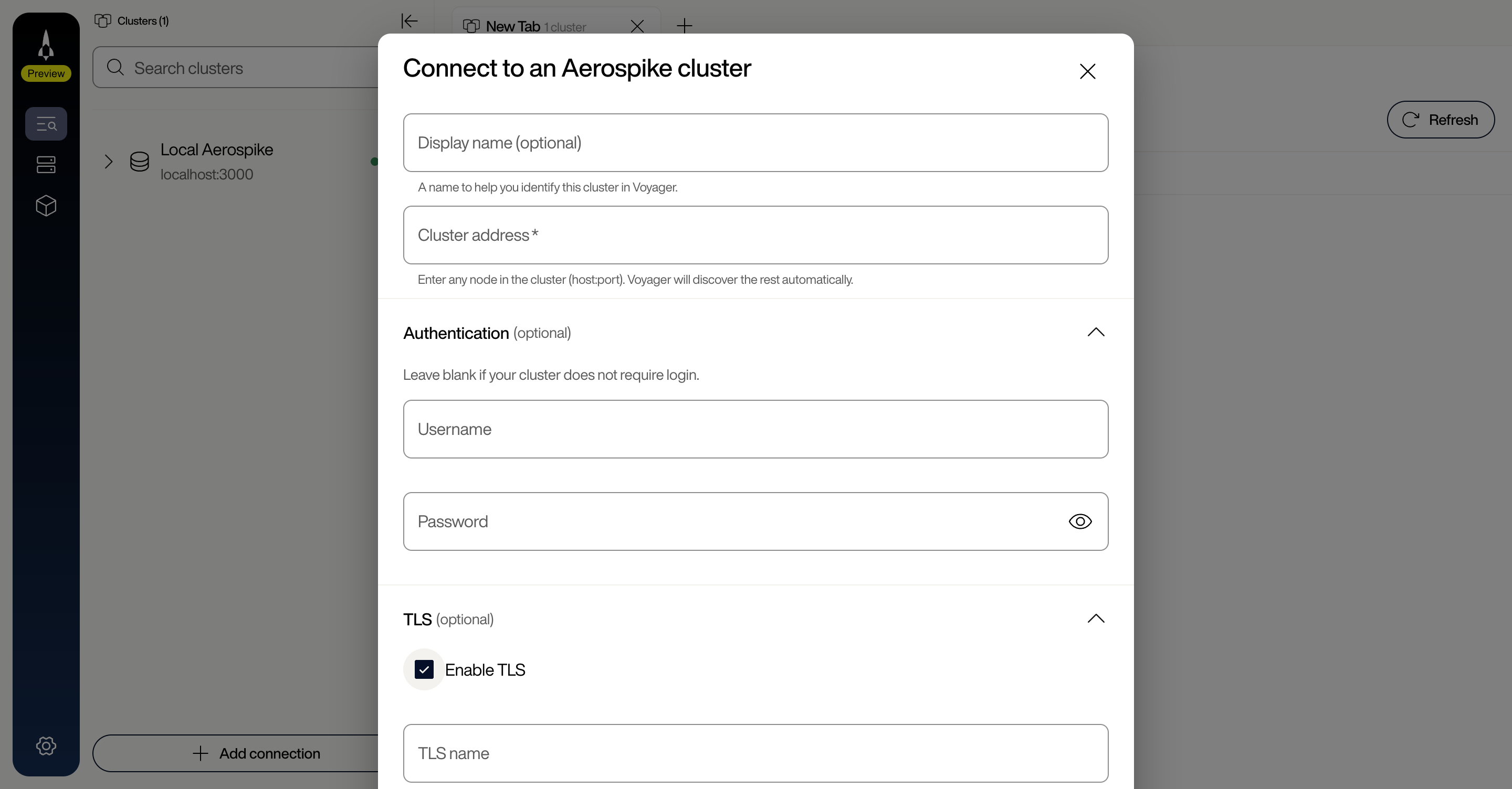 Connection dialog with Authentication, TLS, and Advanced sections expanded, showing the Enable TLS checkbox checked, TLS name field, certificate upload fields, Allow insecure TLS checkbox, Use services alternate checkbox, and Timeout spinner set to 10 seconds