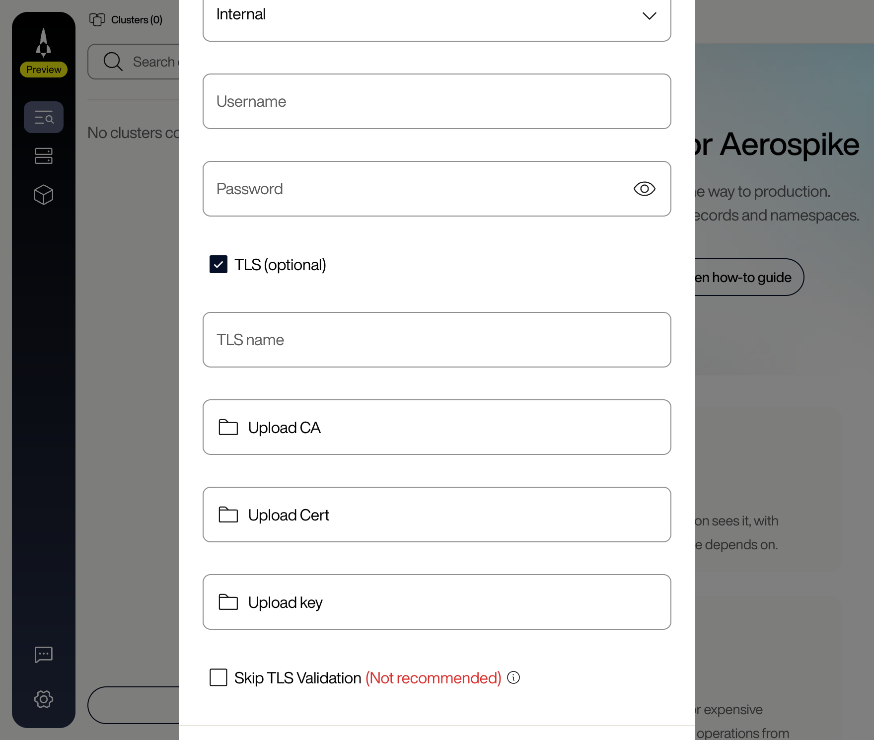 Connection dialog Authentication section expanded with the TLS checkbox checked, showing the TLS name field, the CA, Cert, and key upload fields, and the Skip TLS Validation checkbox with its info tooltip icon