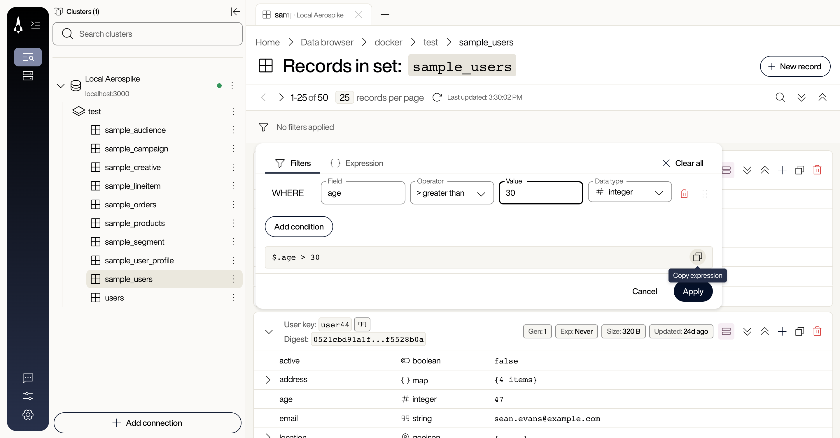 Filters tab with the condition age greater than 30 and the expression preview $.age > 30, with the pointer on the copy icon at the right of the preview showing the tooltip Copy expression
