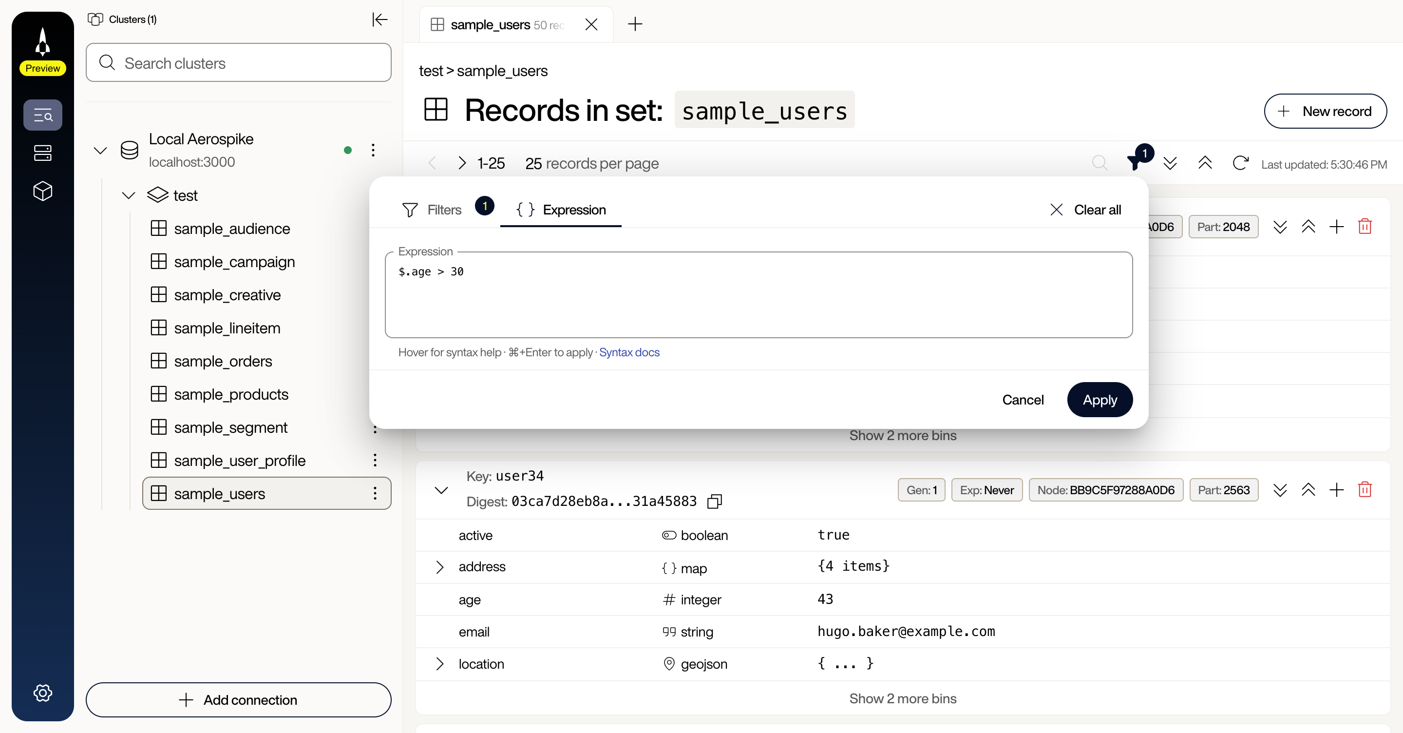 Filter panel Expression tab showing the generated $.age > 30 expression, with a link to the syntax docs