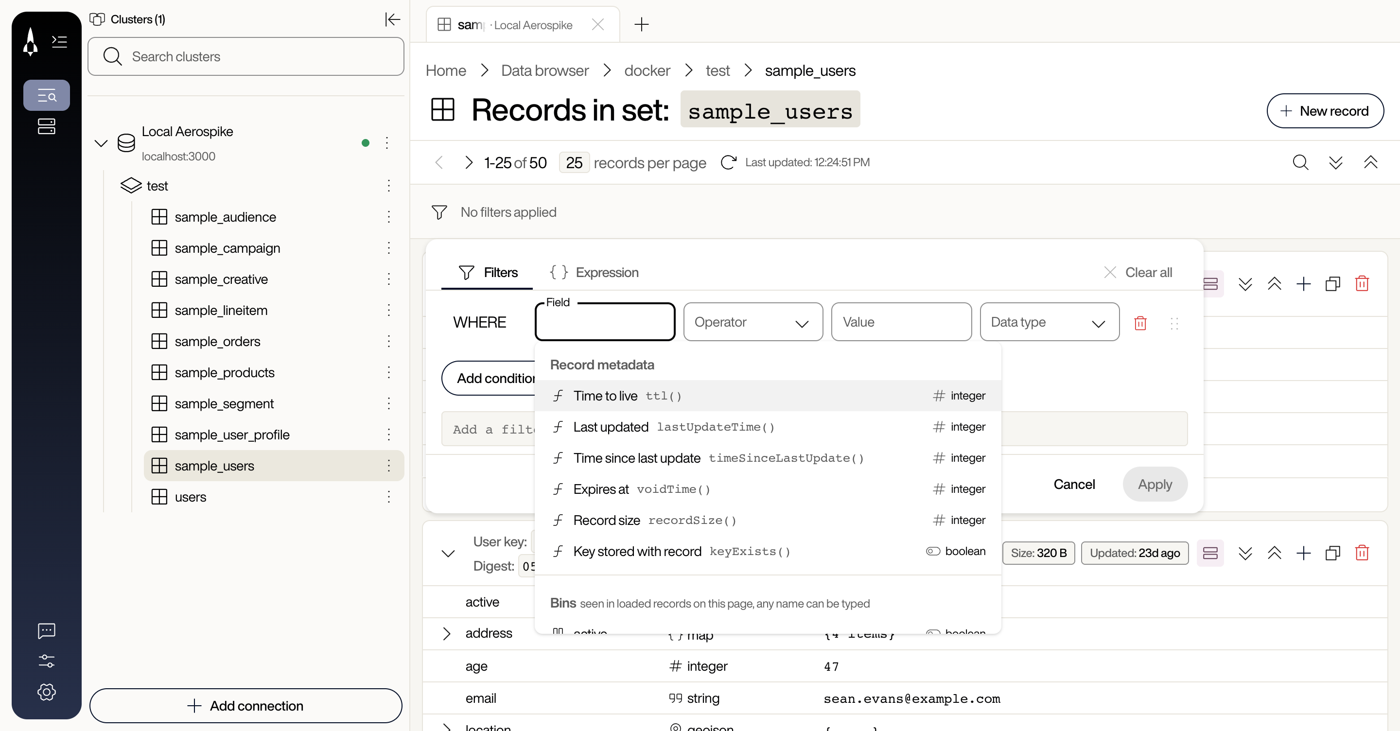 Field list on the Filters tab showing a Record metadata group with Time to live, Last updated, Time since last update, Expires at, Record size, and Key stored with record, followed by a Bins group