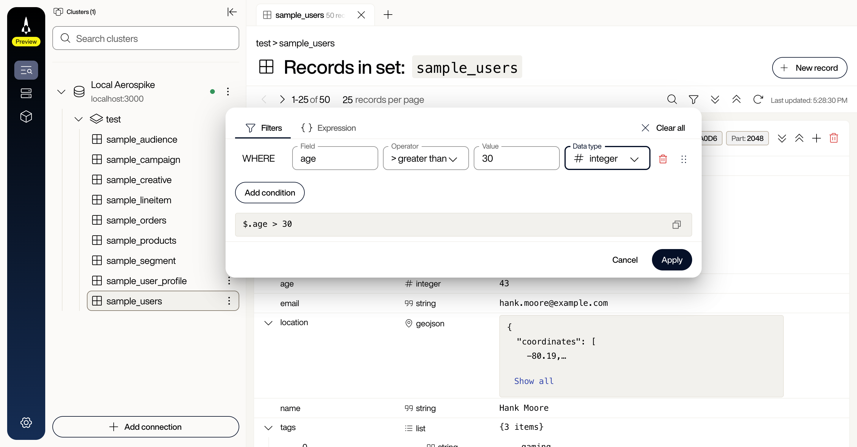 Filter panel Filters tab with field age, operator greater than, value 30, data type integer, and the generated expression $.age > 30 shown at the bottom