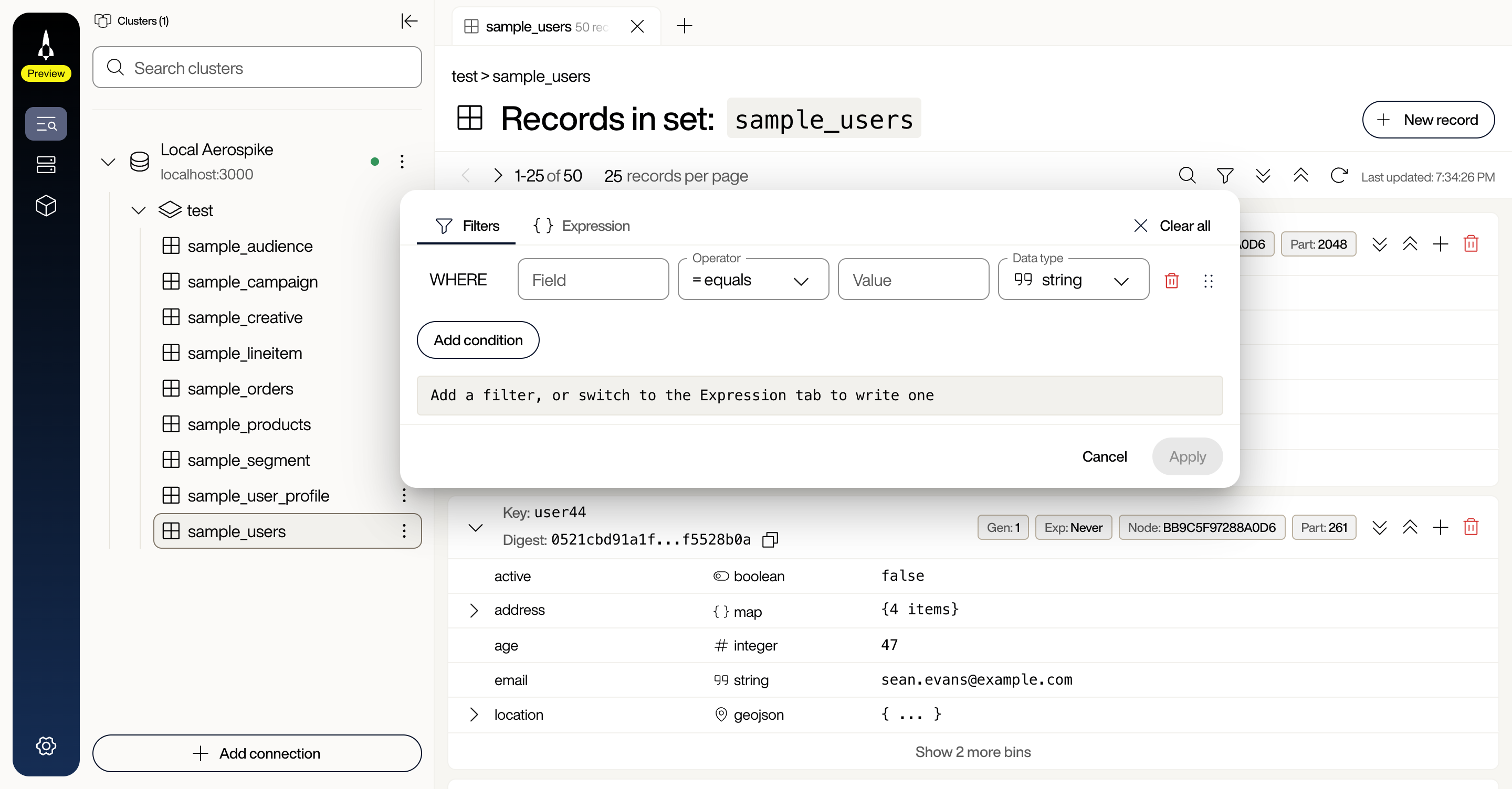 Filter panel showing the Filters tab with an empty filter row containing Field, Operator (= equals), Value, and Data type (string) inputs, plus Add condition and Apply buttons