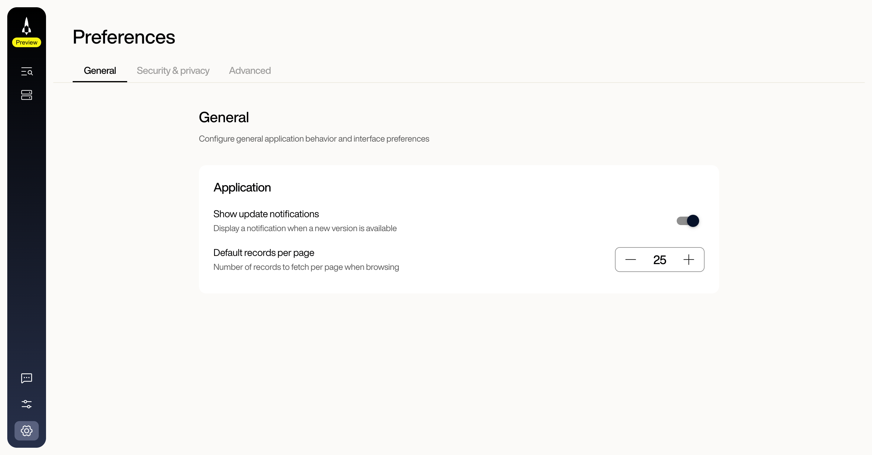 Preferences General tab with the Application card showing the Show update notifications toggle and Default records per page set to 25