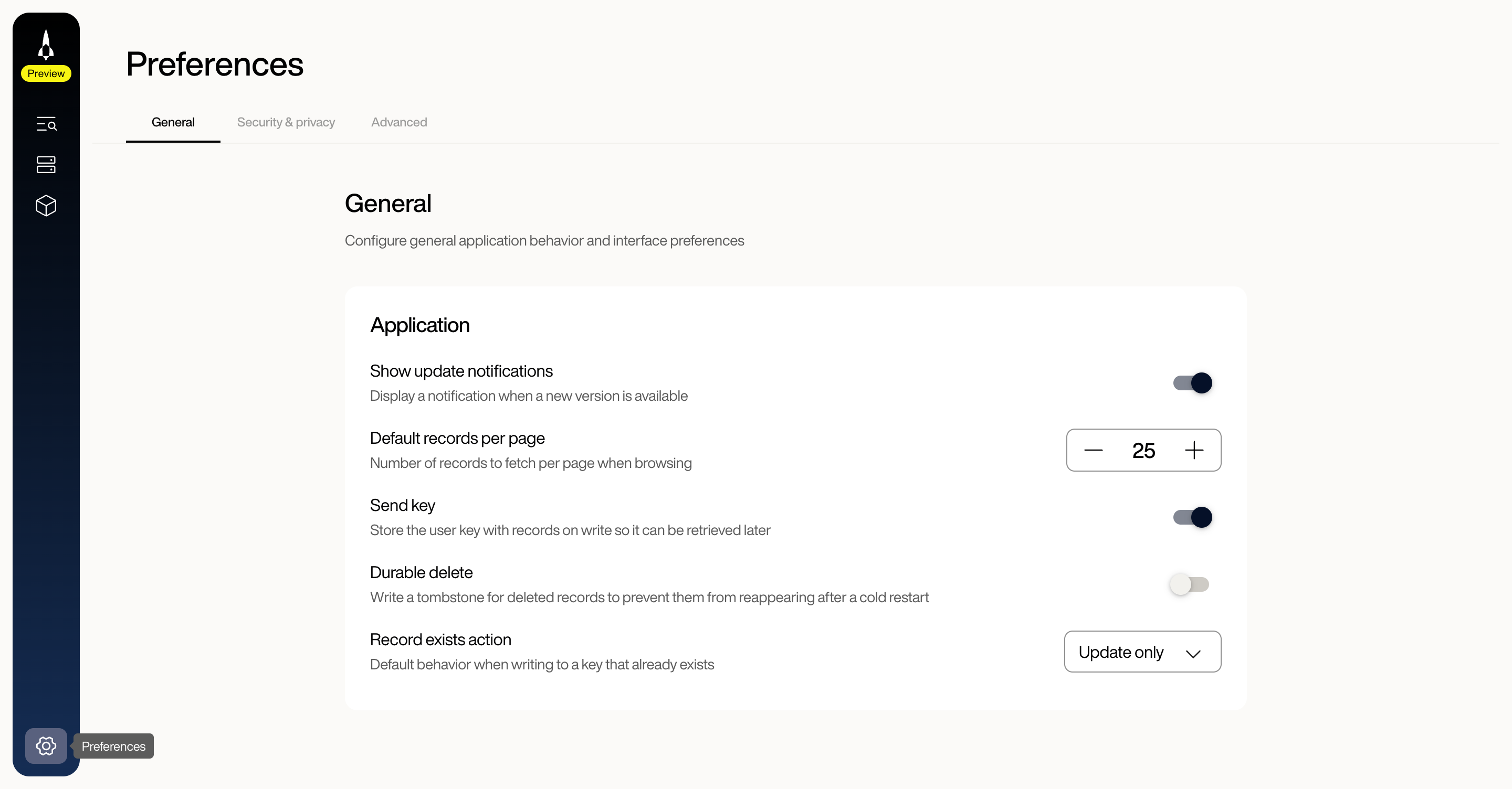 Settings General tab showing Application settings: Show update notifications toggle, Default records per page spinner set to 25, Send key toggle, Durable delete toggle, and Record exists action dropdown