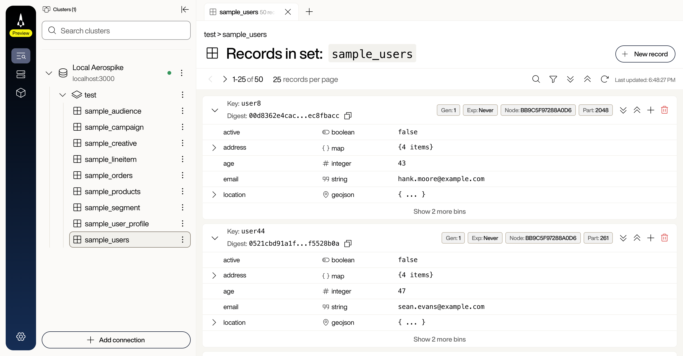 Voyager data browser showing the sidebar cluster tree expanded to sample sets, with sample_users records displayed as cards with type badges for boolean, map, integer, string, and geojson bins