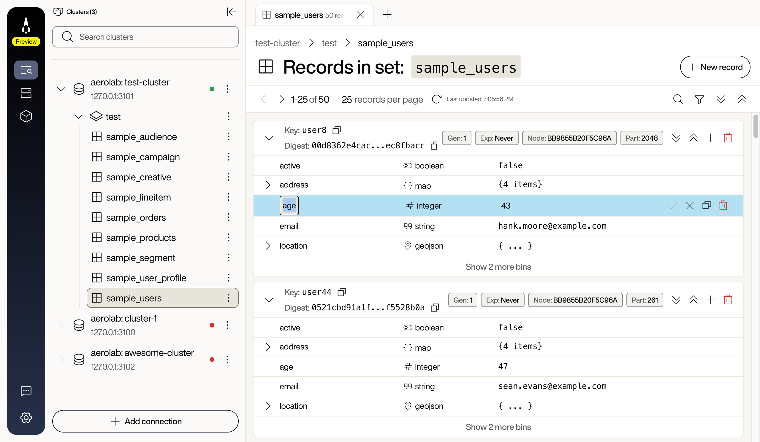 A record card with the age bin in inline edit mode: the row is highlighted, the bin name, type, and value are editable, and confirm and cancel buttons appear at the end of the row