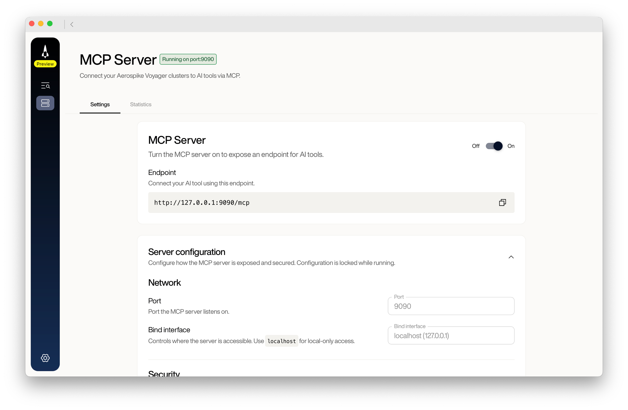 Voyager MCP Server page on the Settings tab with a green Running on port:9090 badge next to the title, the Off/On toggle in the On position, the Endpoint field populated with http://127.0.0.1:9090/mcp, and the Server configuration section showing Port 9090 and Bind interface localhost (127.0.0.1)