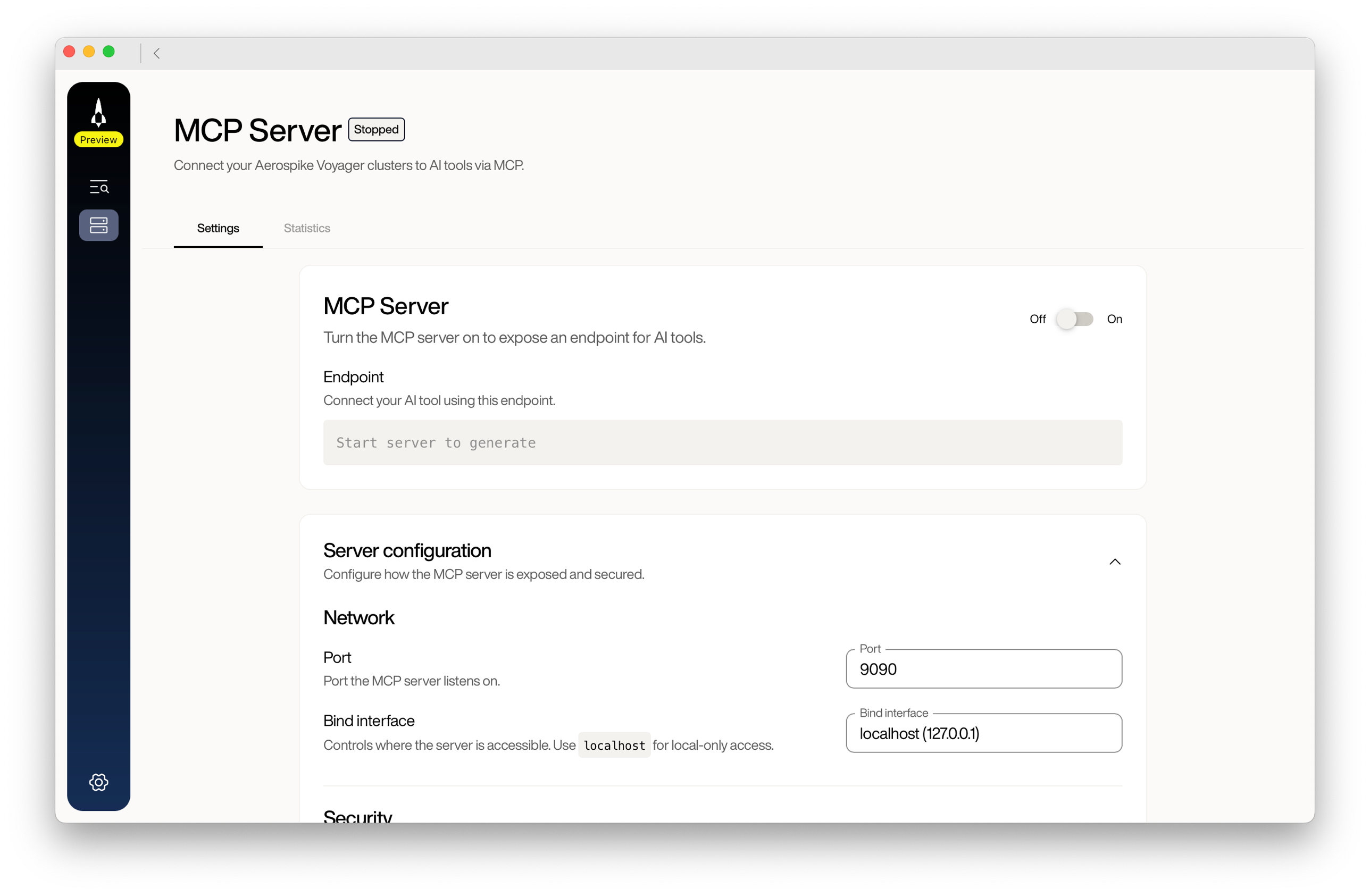 Voyager MCP Server page on the Settings tab with a Stopped status badge, an Off/On toggle in the Off position, an empty Endpoint field showing the placeholder Start server to generate, and the Server configuration section expanded to show the default Port 9090 and Bind interface localhost (127.0.0.1)