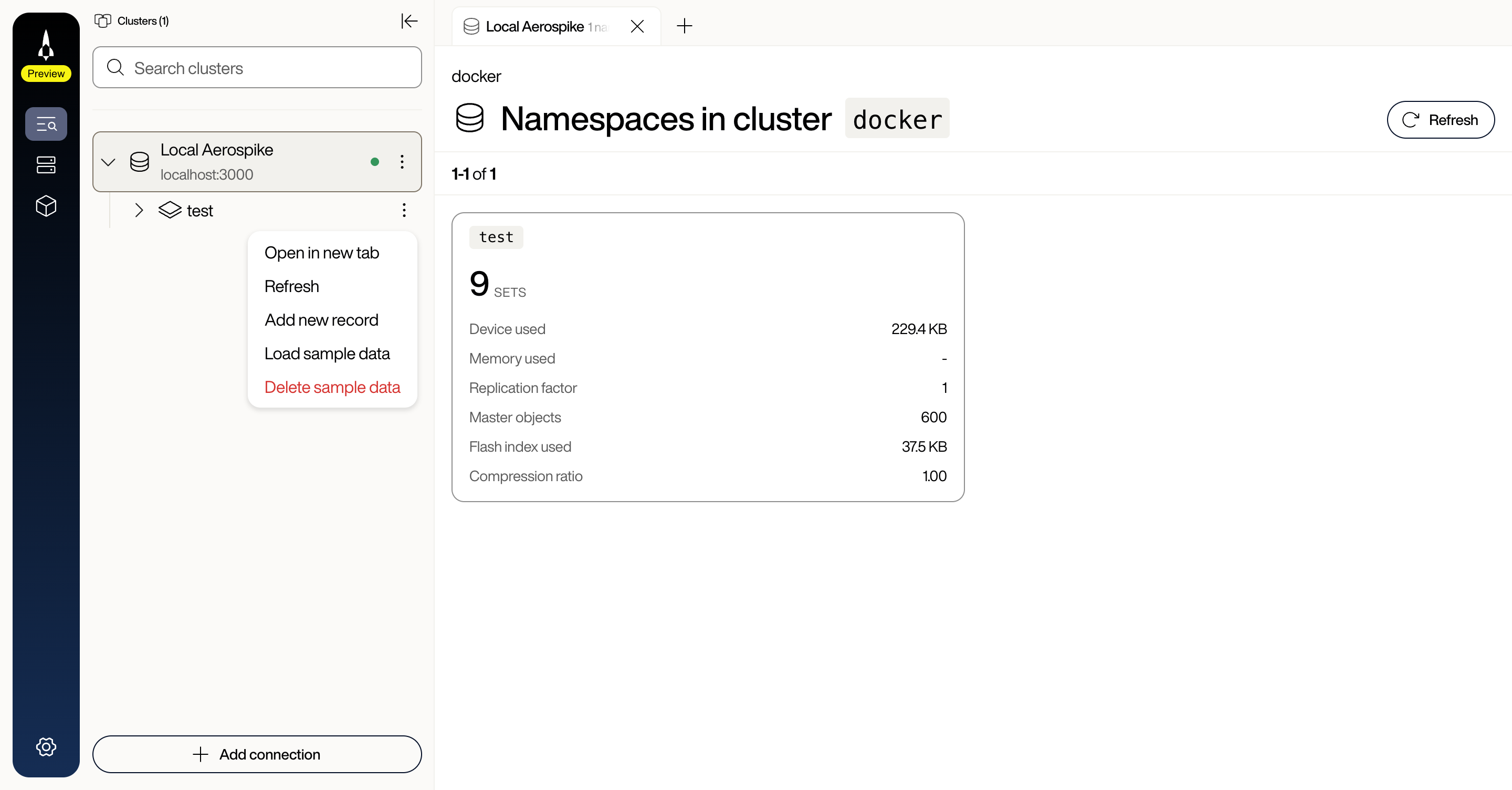 Namespace actions context menu showing Open in new tab, Refresh, Add new record, Load sample data, and Delete sample data options