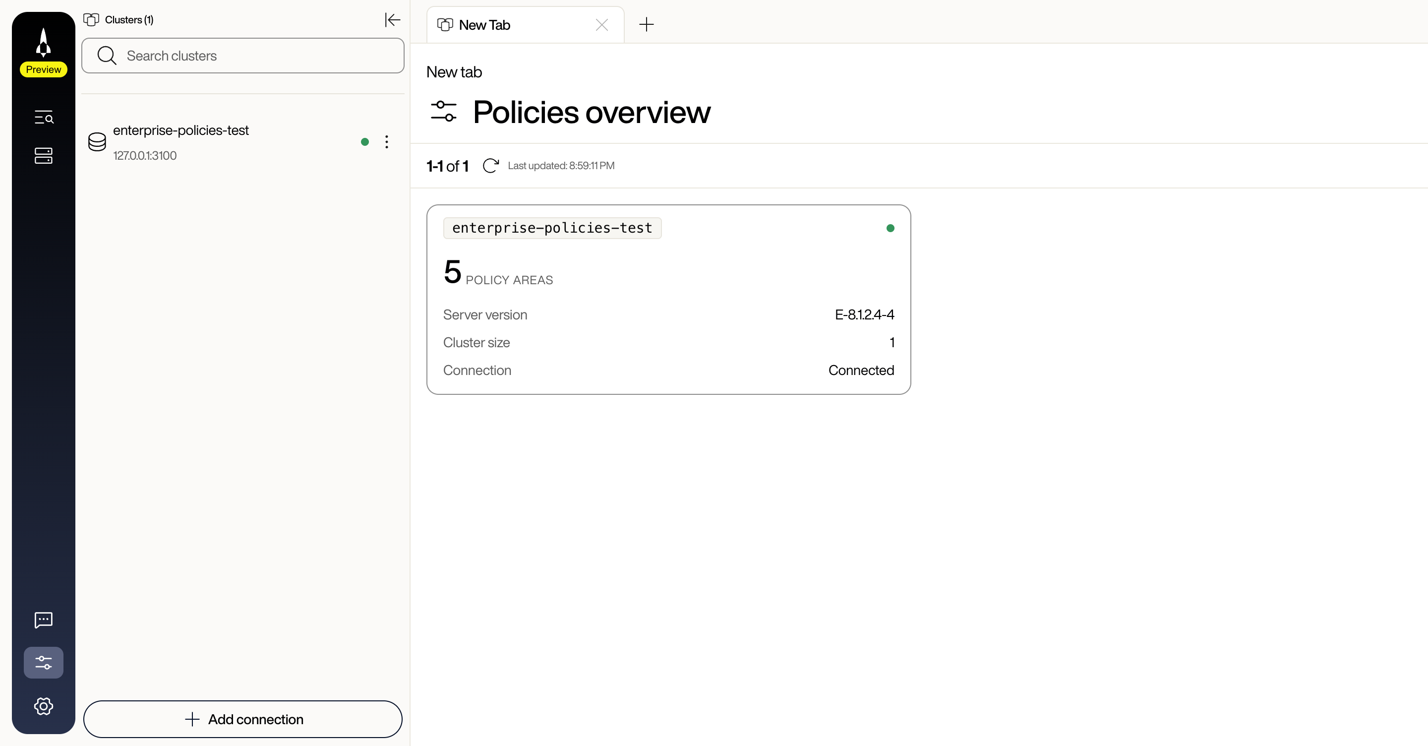 Policies overview listing a card for the enterprise-policies-test cluster, next to the sidebar with the Policies sliders icon highlighted