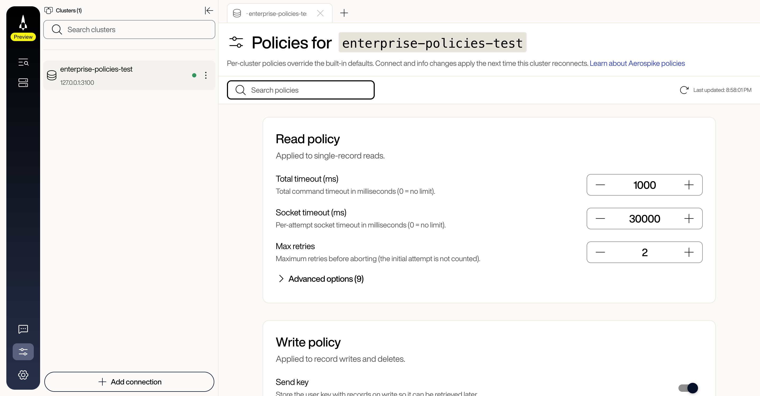 Policies for enterprise-policies-test, with the Search policies box, the refresh icon, and the Read policy card showing Total timeout, Socket timeout, and Max retries above a collapsed Advanced options toggle