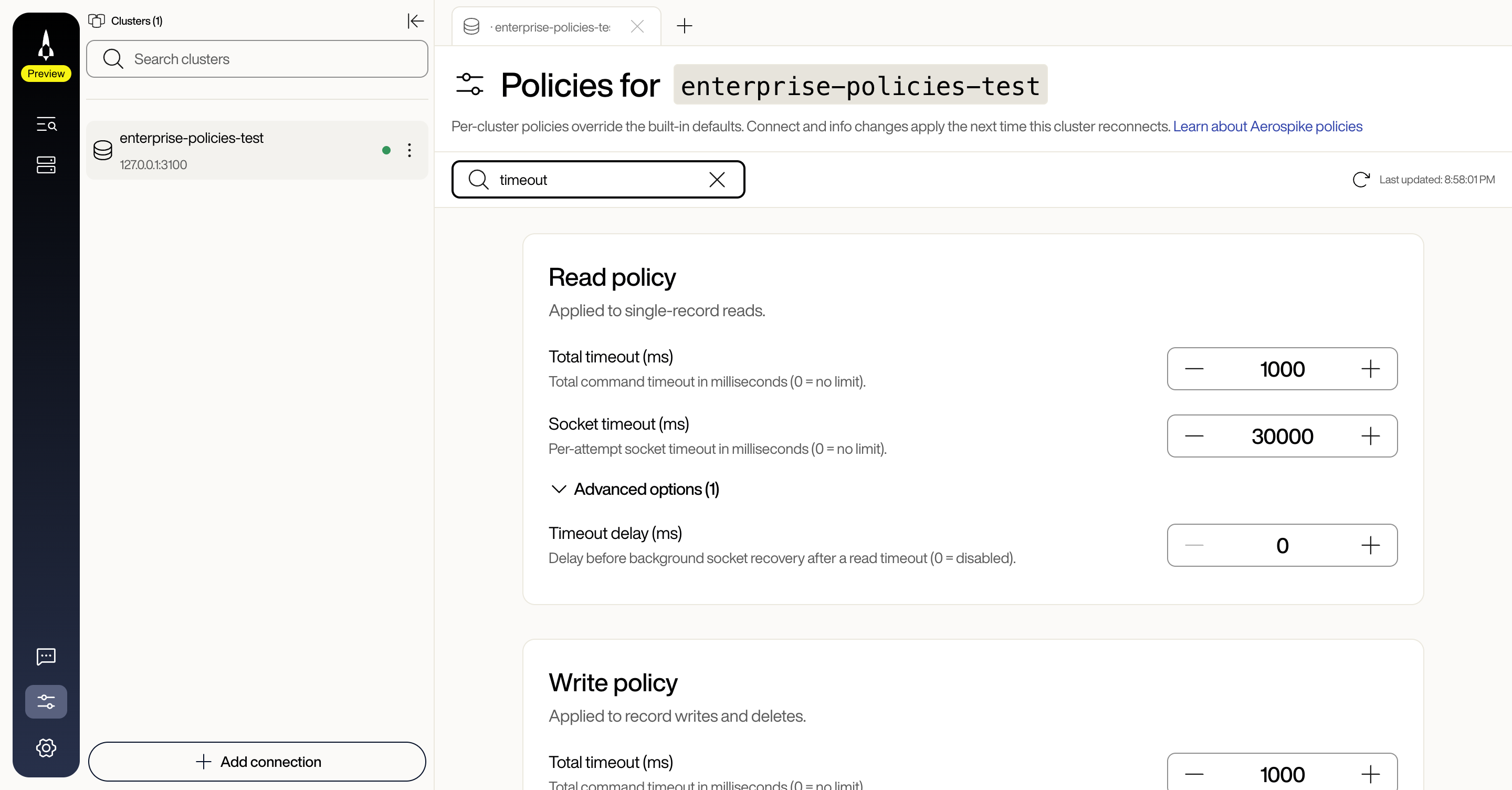 Searching for timeout filters the page to matching fields in every group and reveals the matching advanced fields, such as Timeout delay under Read policy