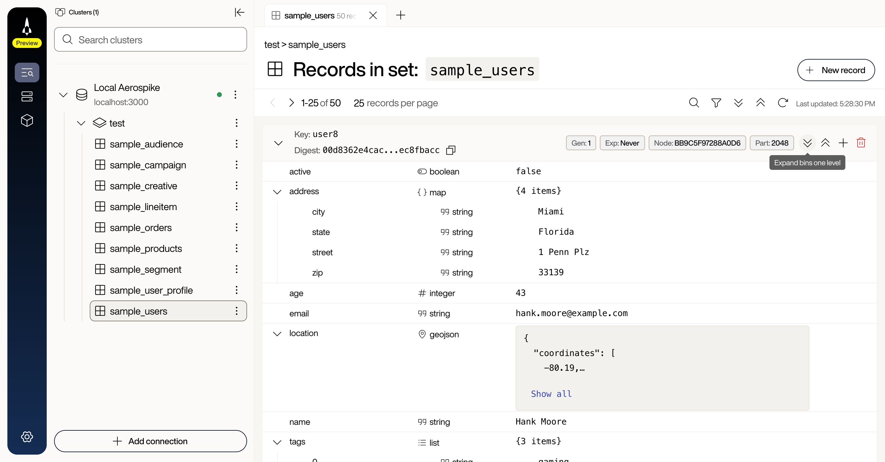 Expanded sample_users record card with the address map drilled in to show city, state, street, and zip, plus type badges for boolean, map, integer, string, geojson, and list