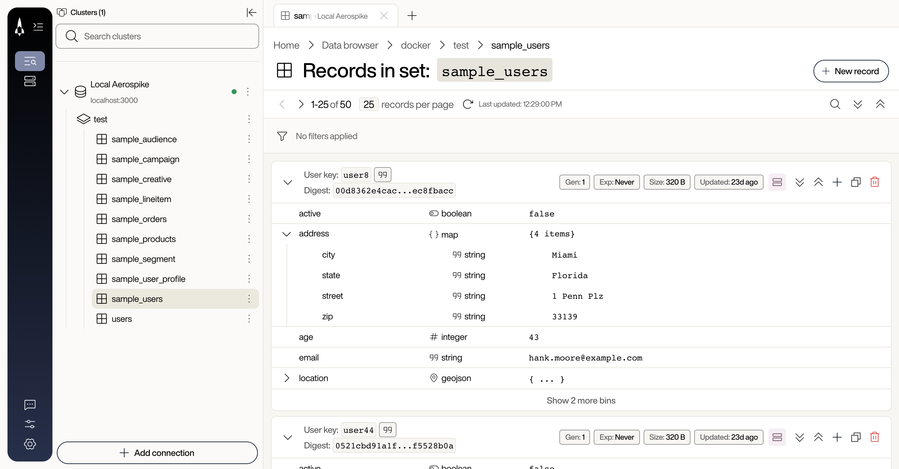 Expanded sample_users record card with the address map drilled in to show city, state, street, and zip, plus type badges for boolean, map, integer, string, and geojson