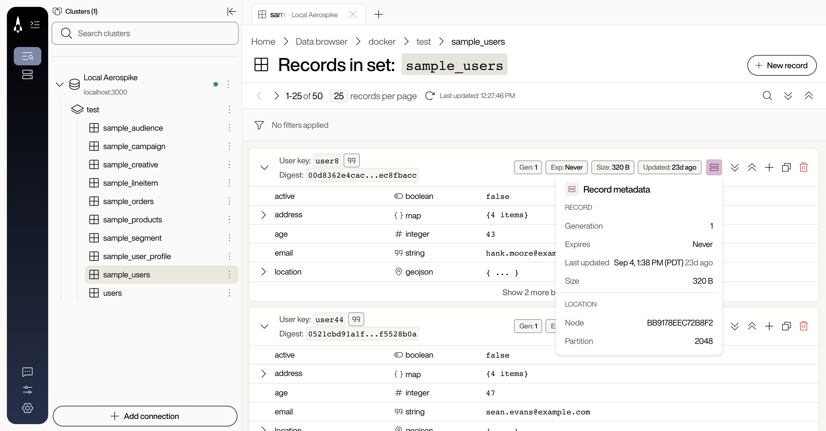 Record metadata popover open beside a sample_users record card, showing Generation 1, Expires Never, Last updated Sep 4 with 23d ago, and Size 320 B under Record, and Node and Partition 2048 under Location