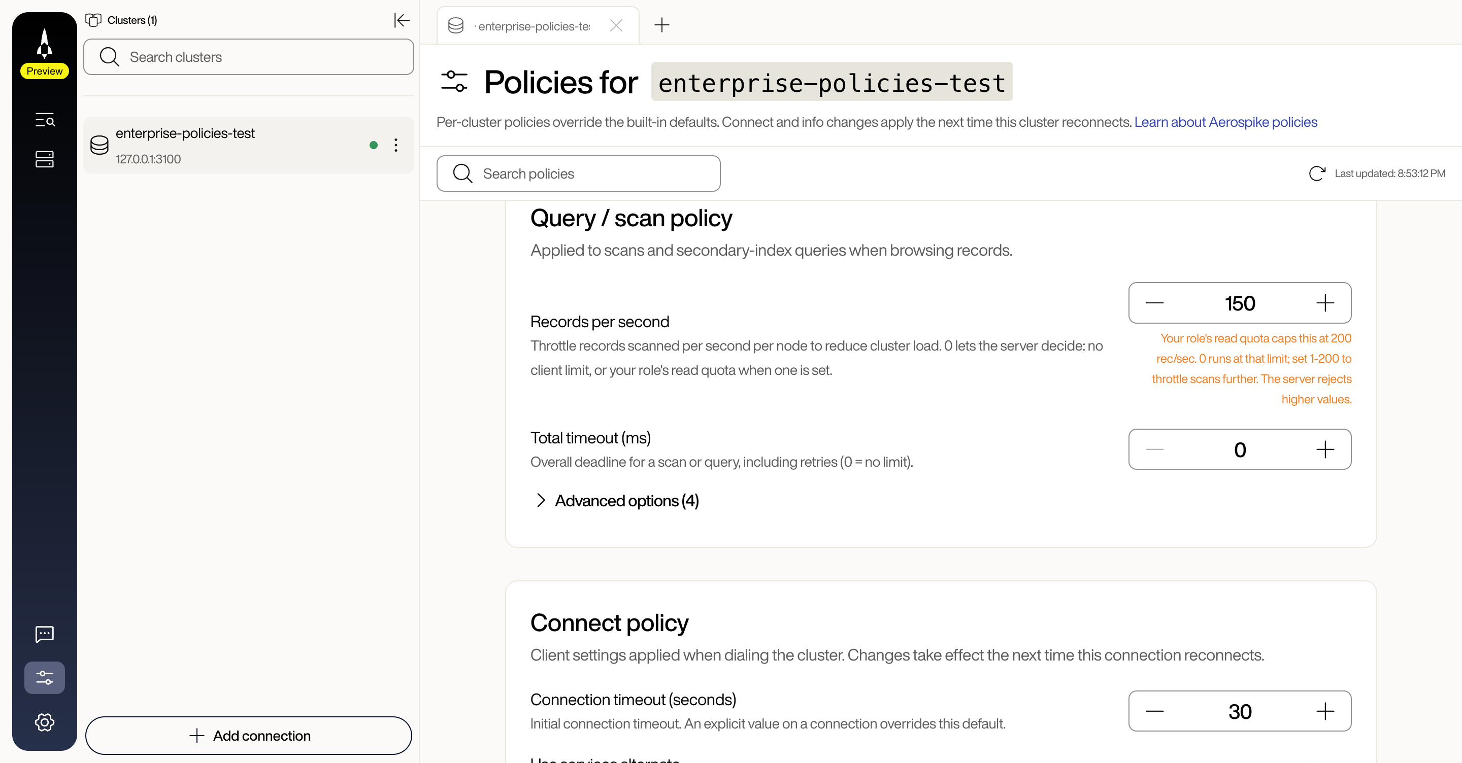 Query / scan policy with Records per second set to 150 and the caption noting the 200 rec/sec role quota