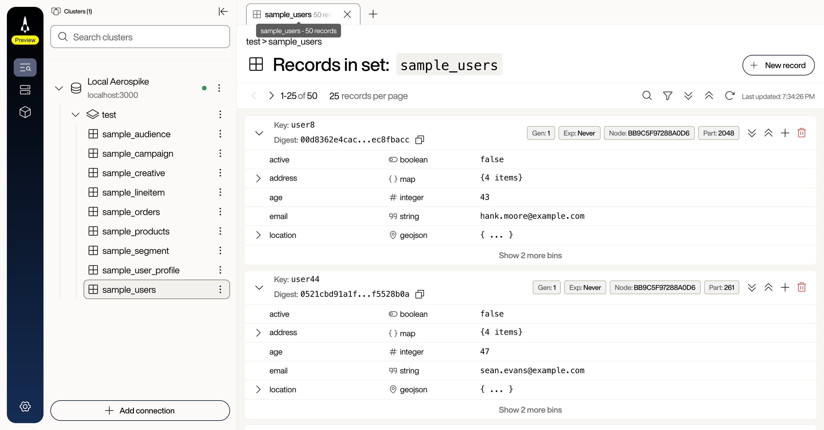 Records view for sample_users showing record cards with Key, Digest, metadata chips (Gen, Exp, Node, Part), and bins with type badges for boolean, map, integer, string, and geojson