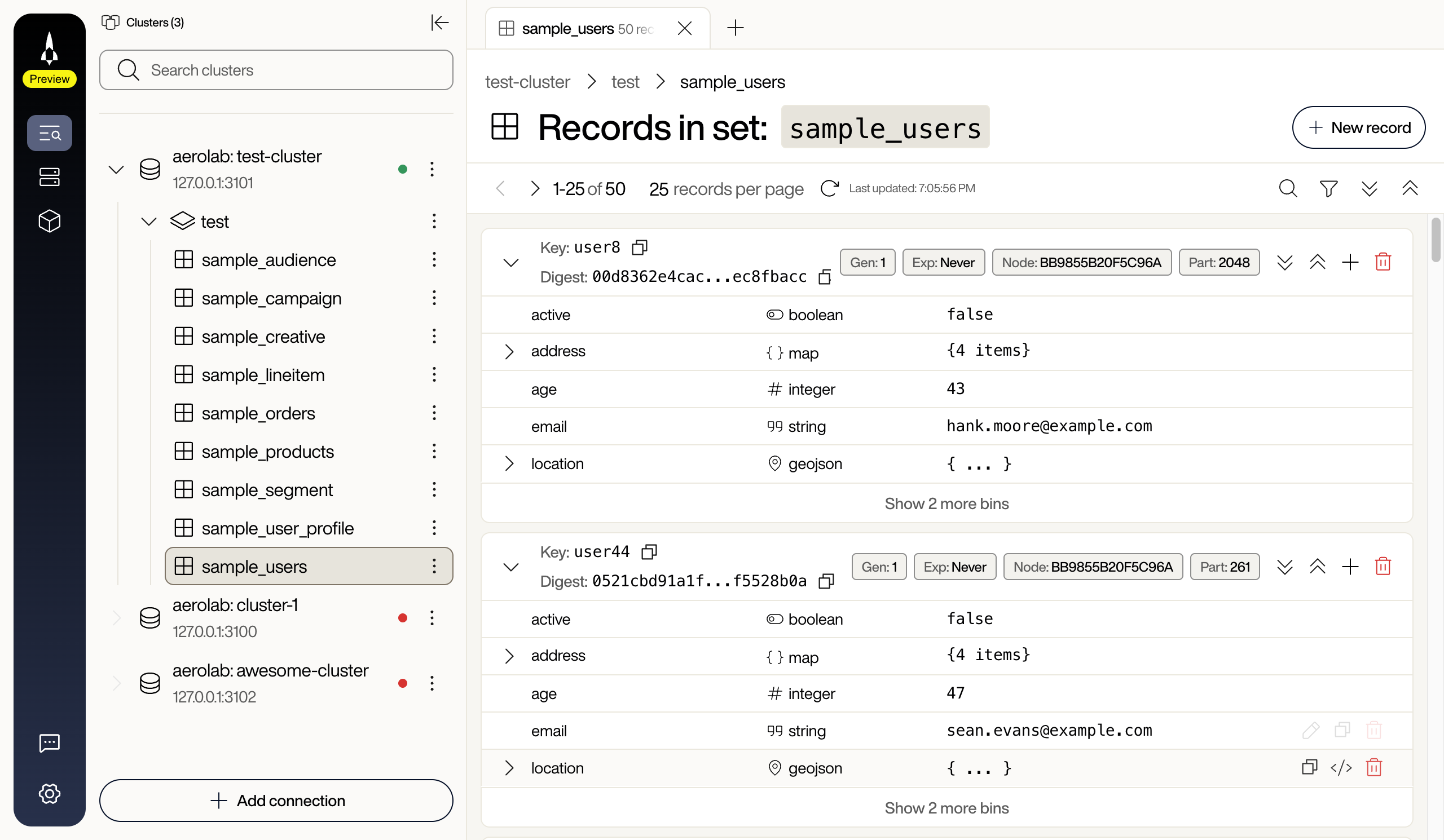 Records view for sample_users showing the results count with Refresh and Last updated beside it, and record cards with Key, Digest, metadata chips (Gen, Exp, Node, Part), and bins with type badges for boolean, map, integer, string, and geojson
