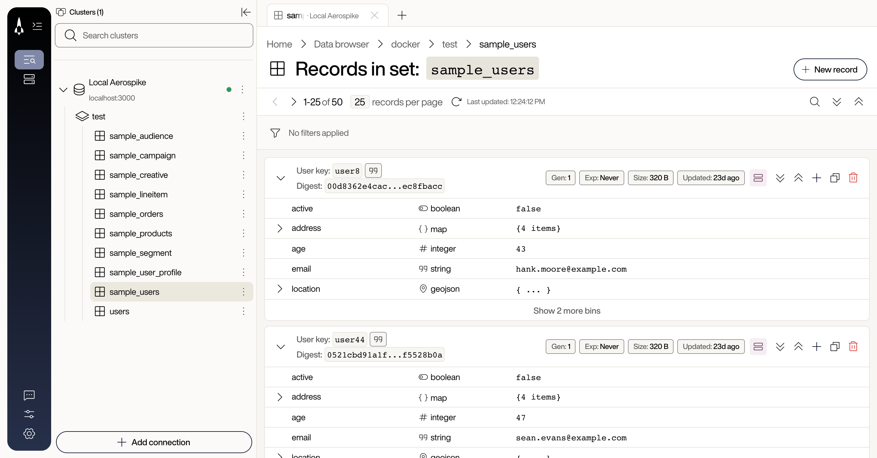 Records view for sample_users showing the results count with Refresh and Last updated beside it, the filter row reading No filters applied, and record cards with User key, Digest, metadata chips Gen, Exp, Size, and Updated, and bins with type badges for boolean, map, integer, string, and geojson