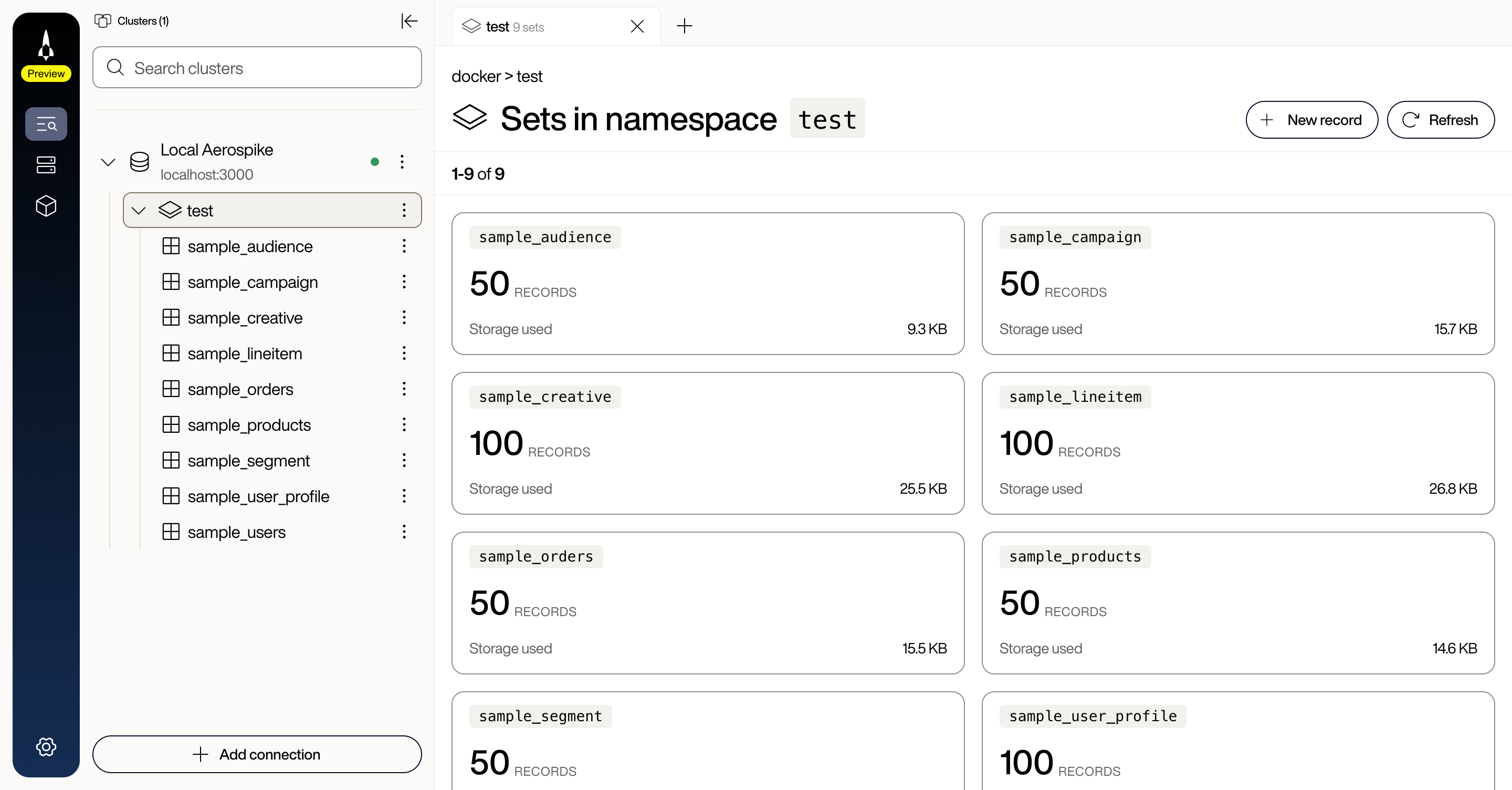 Voyager sidebar expanded to show the 9 sample sets under namespace test, with the Sets in namespace view listing record counts per set