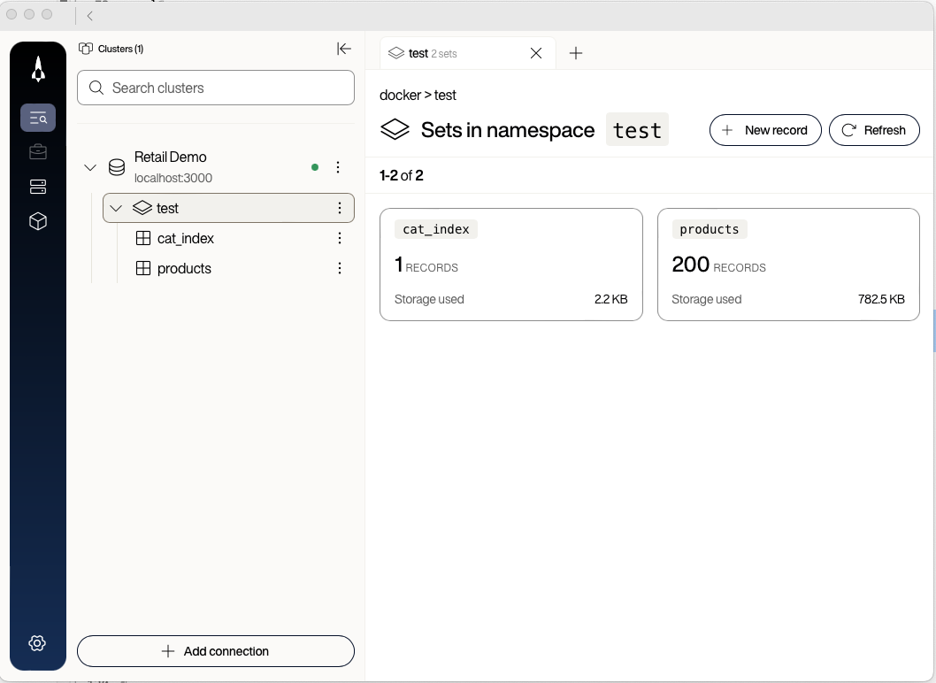 Voyager showing the test namespace with 200 records after storeProduct is implemented