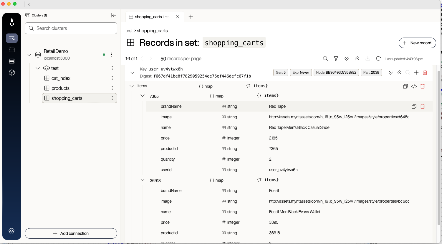 Voyager showing the shopping_carts set with one record whose items bin contains the products added from the UI