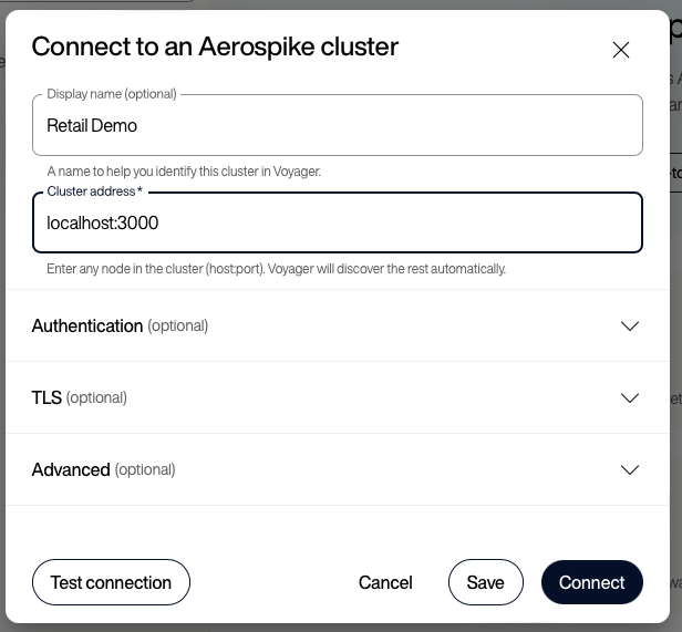 Voyager connect cluster dialog with name Retail Demo, host localhost, port 3000, and TLS disabled