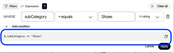 Voyager filter dialog with the AEL expression dollar dot subCategory equals quote Shoes quote at the bottom