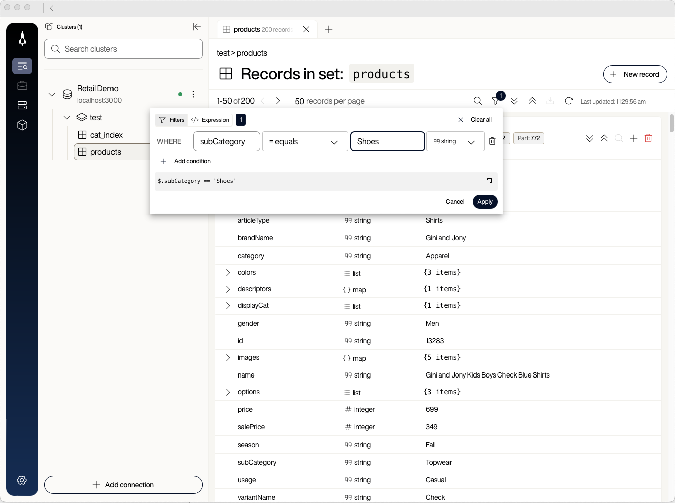 Voyager filter dialog with subCategory equals Shoes
