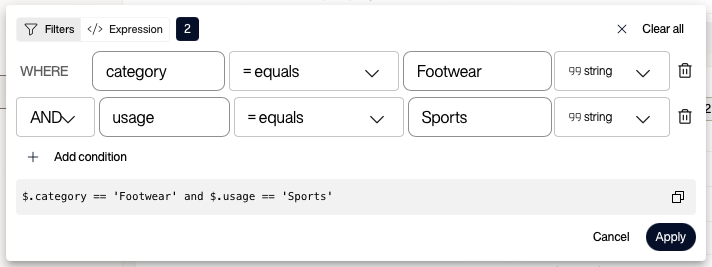 Voyager filter dialog with two rows: category equals Footwear and usage equals Sports