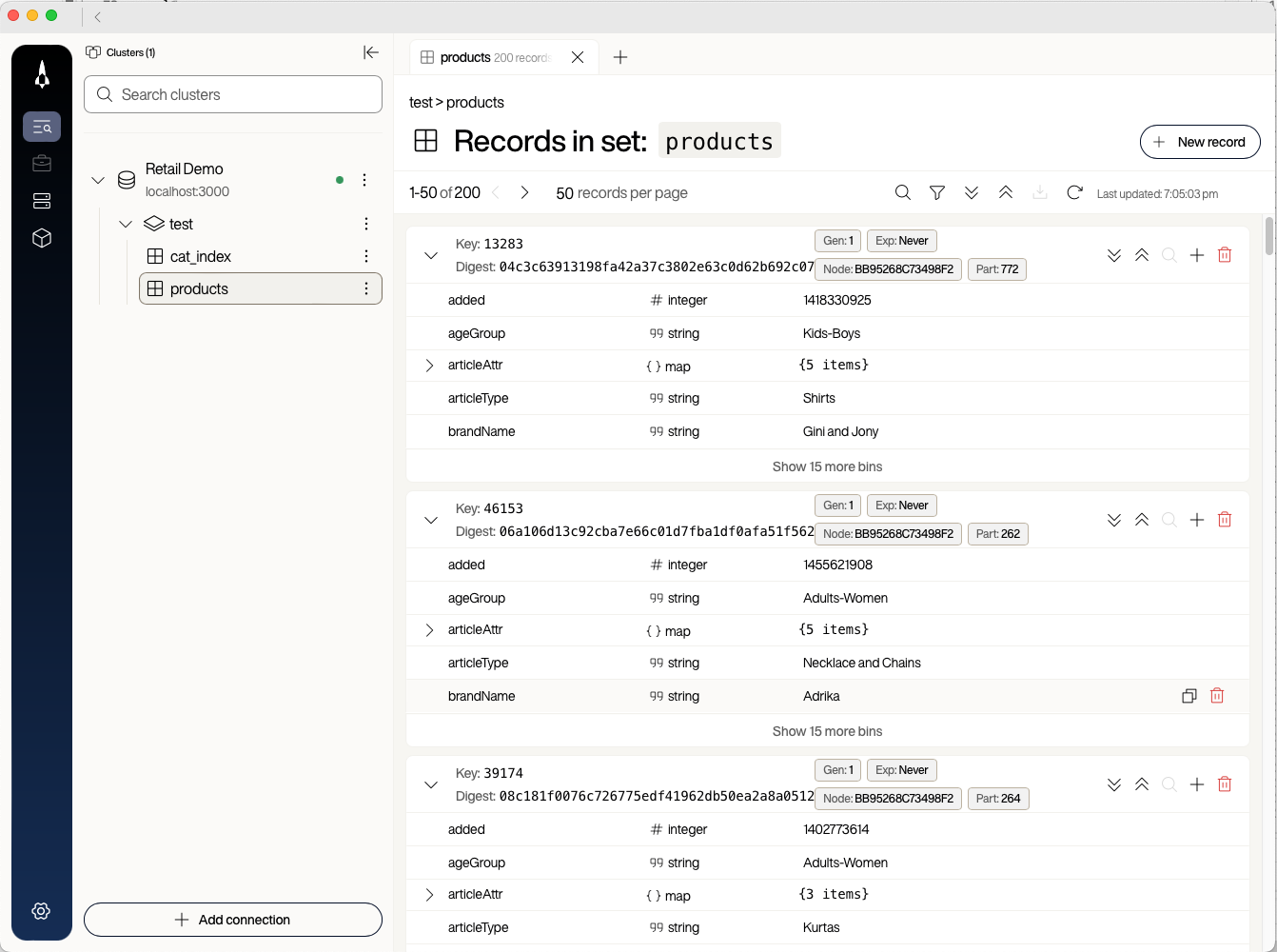 Voyager showing rows in the products set with product bins populated