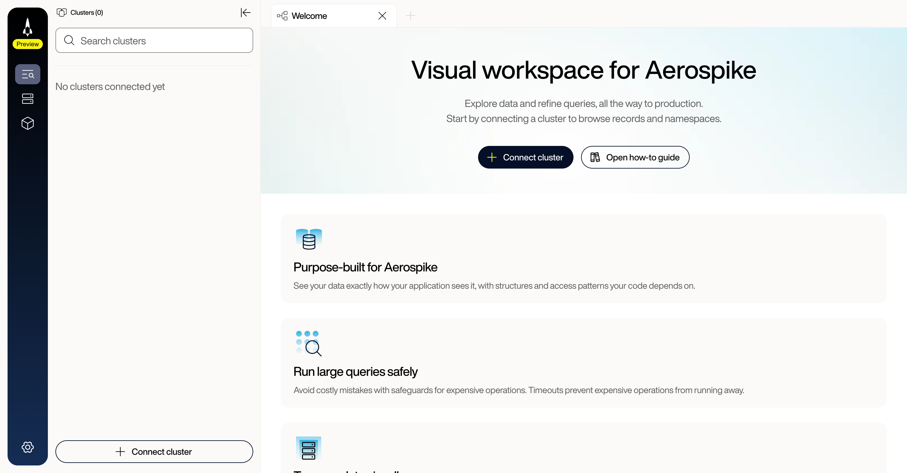 Voyager welcome page with the Connect cluster button and sidebar showing no clusters connected yet