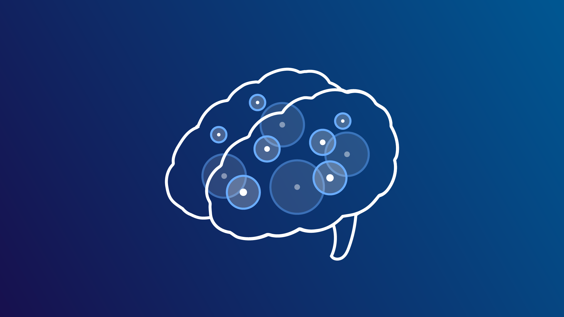 Silhouette of a brain with vector icons floating inside against a blue background