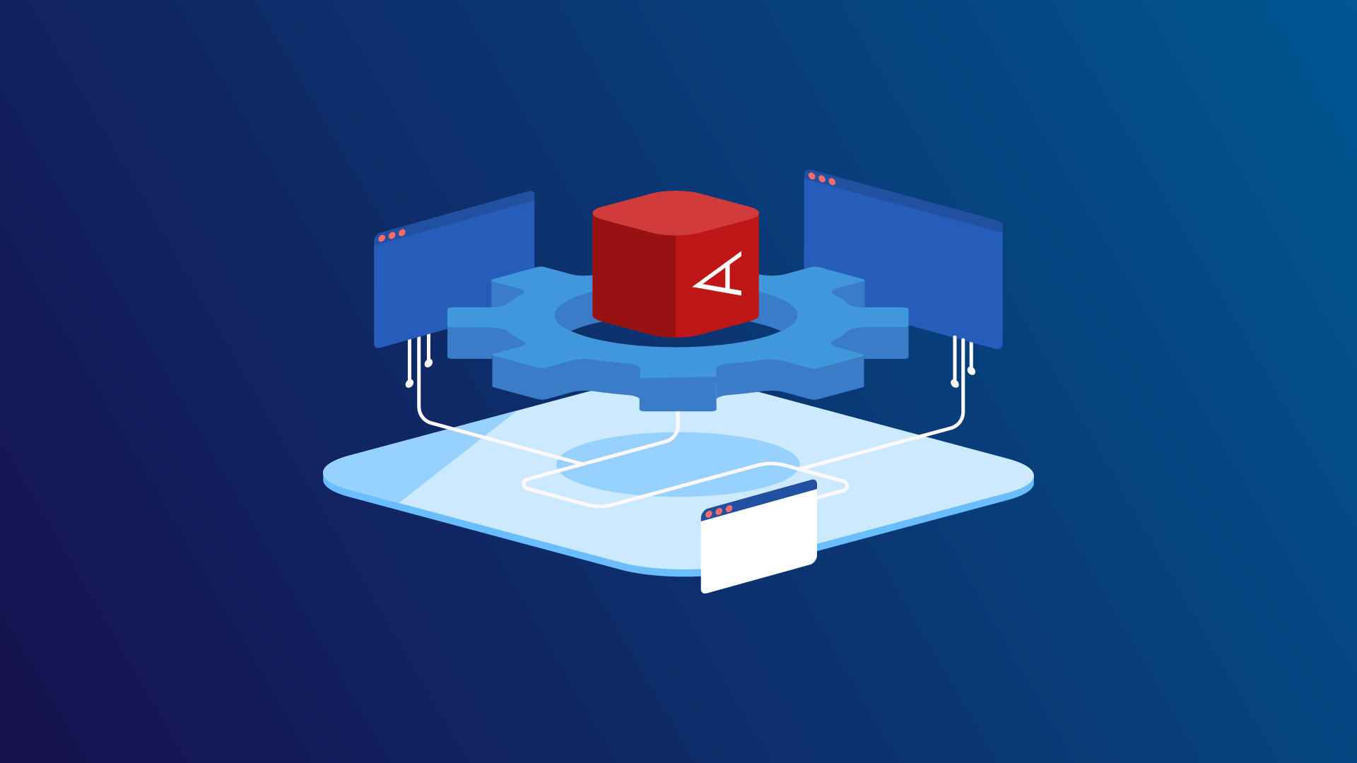 A floating red square with an A on its side floating over a vertical cog in an isometric database design illustration