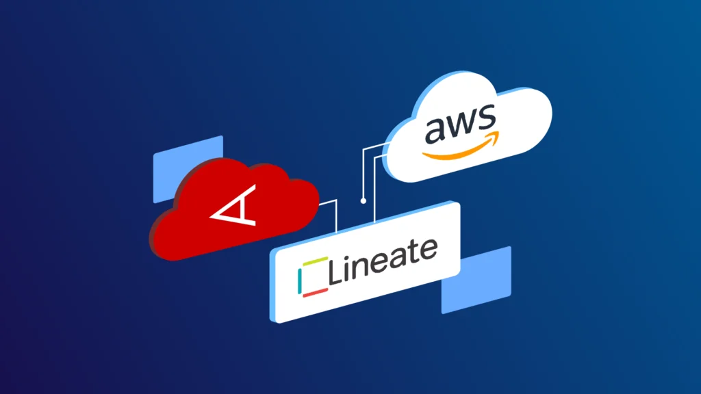 A red logo in the shape of a cloud with a sideways A on the left, a cloud with AWS in the middle to the right, and below center is a Lineate logo in a rectangle