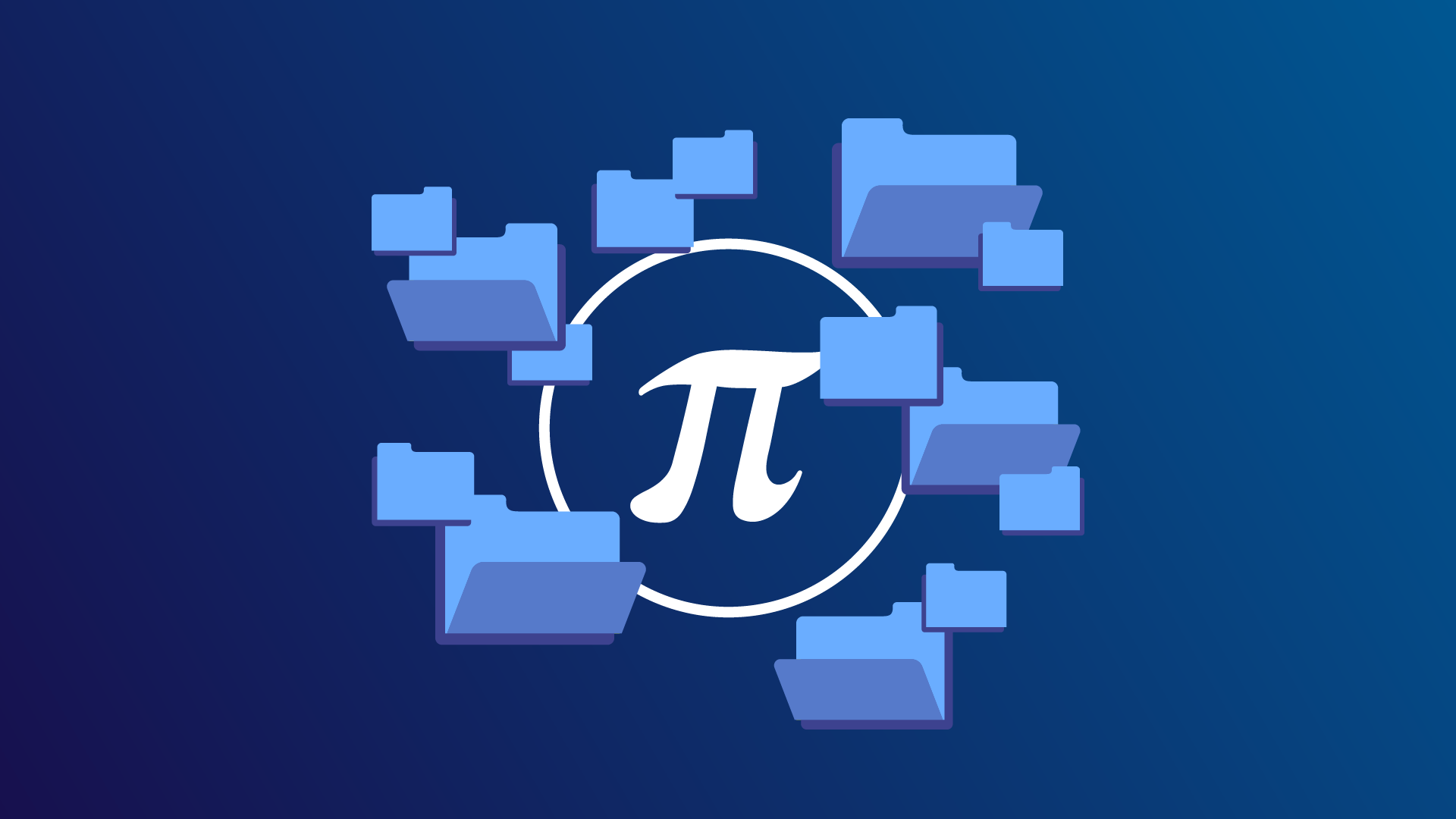 A Pi symbol in white against a blue background with folders floating all around it.